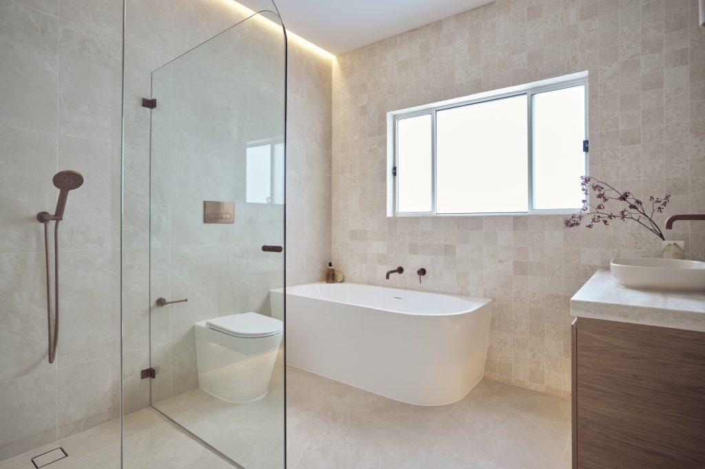 Botticino marble mosaic feature wall and ADP Sakal stone benchtop in luxury Cronulla bathroom