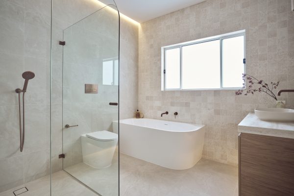 Botticino marble mosaic feature wall and ADP Sakal stone benchtop in luxury Cronulla bathroom