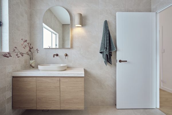 bathroom renovation in cronulla by fresher bathroom, palm springs bathroom design, luxury lighting and custom joinery.